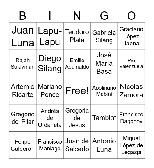 MGA PANGALAN SA PANAHON NG KASTILA SA PILIPINAS Bingo Card