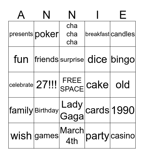 Annie's Slots-O-Fun!!! Bingo Card