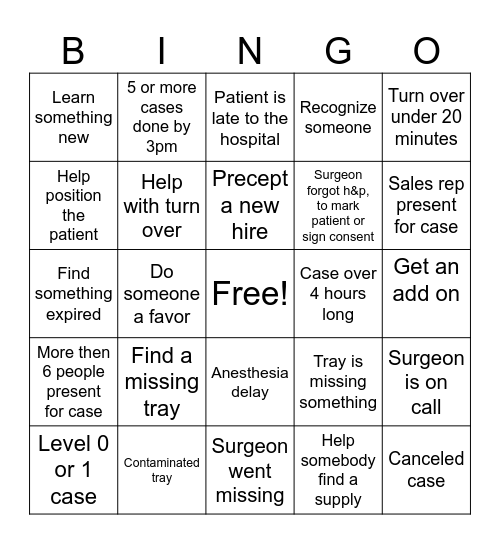 Surgical Tech Week Bingo Card