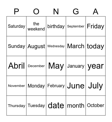 Days and Months Bingo Card