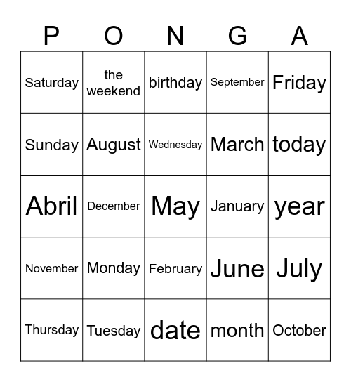Days and Months Bingo Card