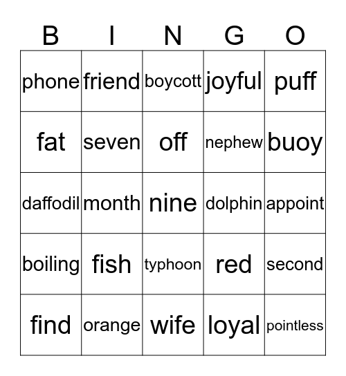 Week 8 Bingo Card