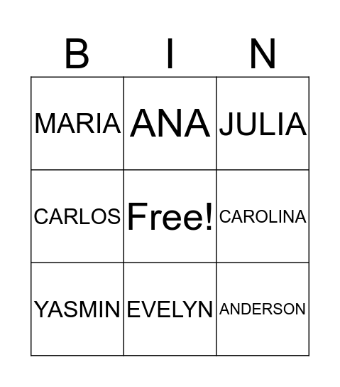 BINGO  DOS  NOMES Bingo Card