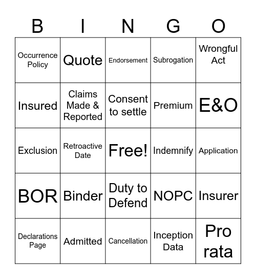 Insurance Bingo Card