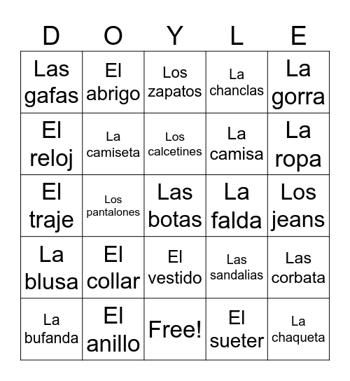 Clothing Bingo Card
