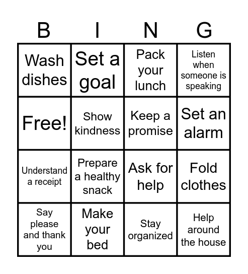Life Skills Bingo Card