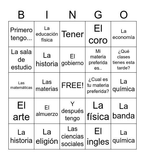 Talking about classes Bingo Card