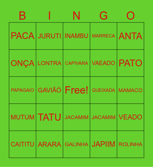 ANINAIS E AVES DO NOSSO POVO BORARI Bingo Card