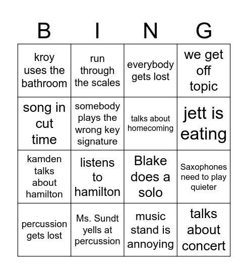 Band Room Bingo Card