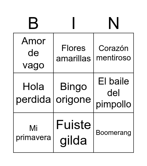 Bingo Musical Bingo Card