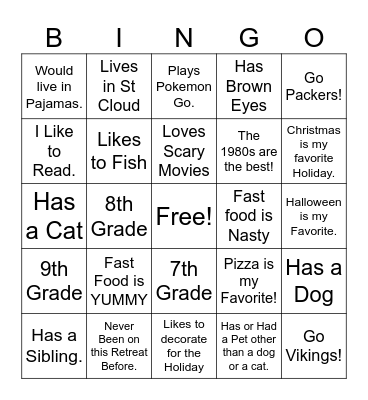 Confirmation Retreat Bingo. Bingo Card