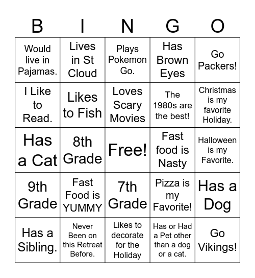 Confirmation Retreat Bingo. Bingo Card