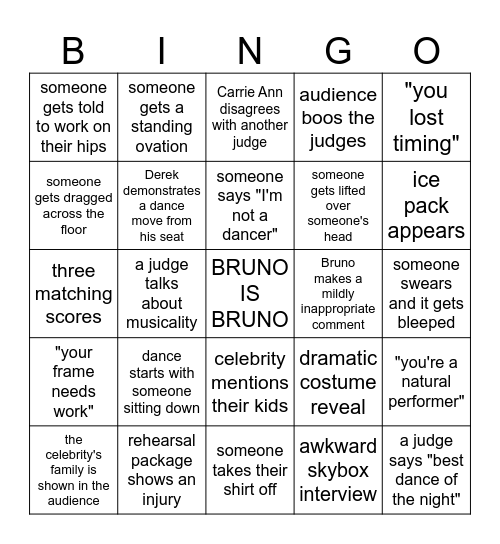 DWTS Bingo Card
