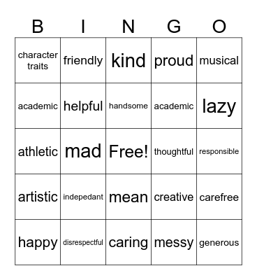 Character Traits Bingo Card