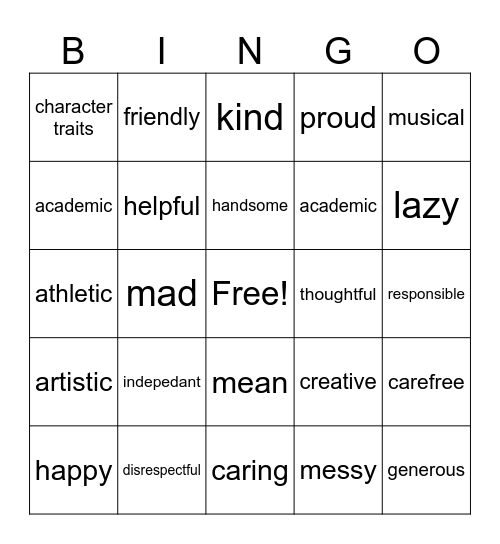 Character Traits Bingo Card