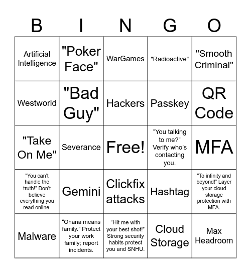 Pop Culture Cyber BINGO Card