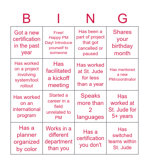 ST. Jude PM Day Bingo Card