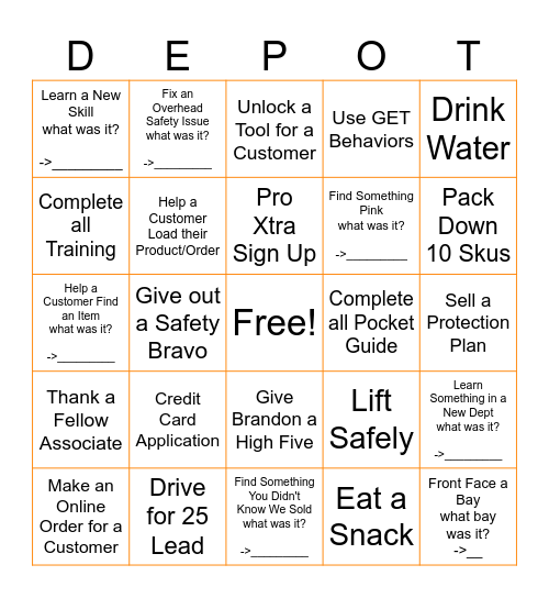 Home Depot Bingo Card