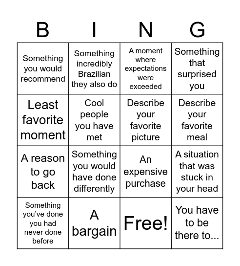 Trip Bingo Card