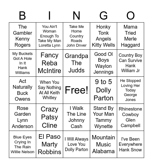 50's to 80's Country Music Bingo Card