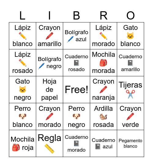 Materiales de la clase Bingo Card