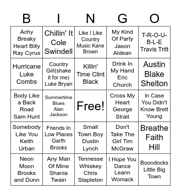 90's to Now Country Bingo Card
