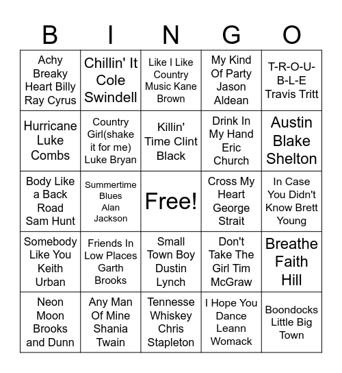 90's to Now Country Bingo Card