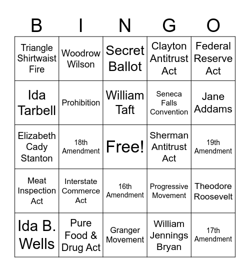 Progressive Era Bingo Card
