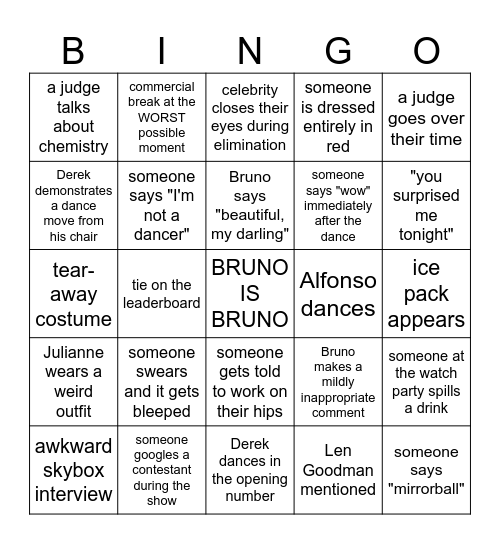 DWTS Bingo Card