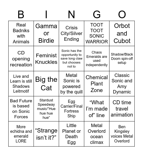 Sonic Movie 4 Bingo Card
