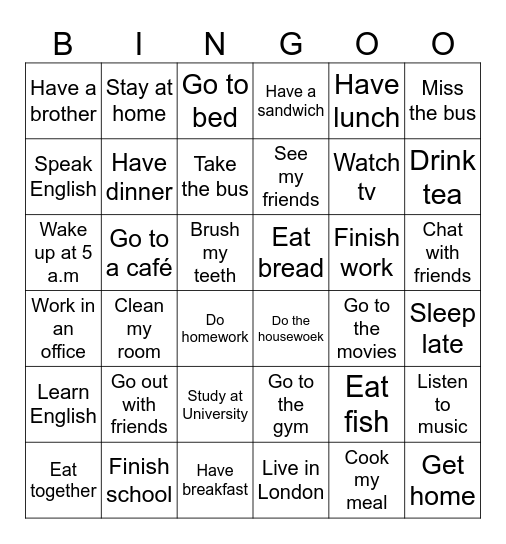Verbs Bingo Card