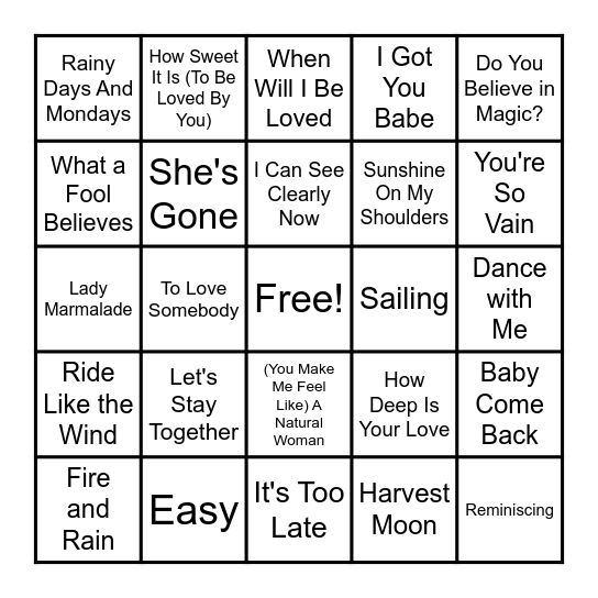 Soft Rock Music Bingo Card