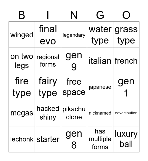pokemon Bingo Card