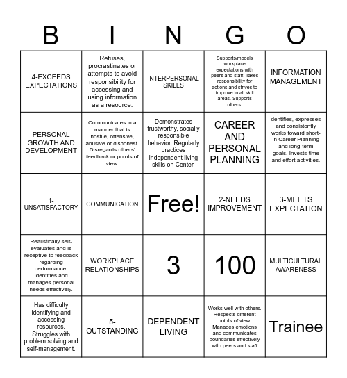 CAREER SUCCESS STARDS Bingo Card
