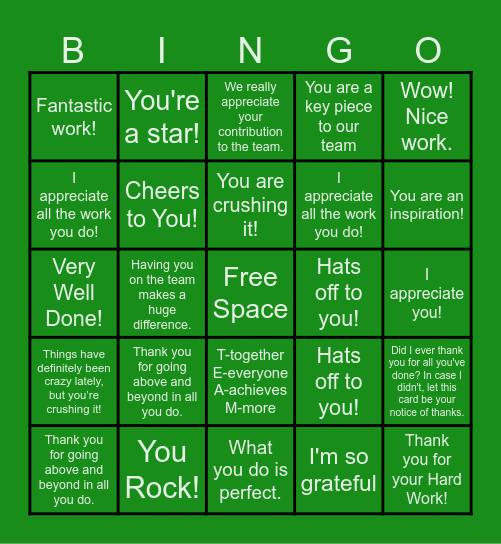 Employee Appreciation Bingo Card