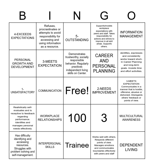 CAREER SUCCESS STARDS Bingo Card