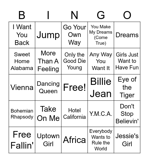 70's & 80's Hits Bingo Card