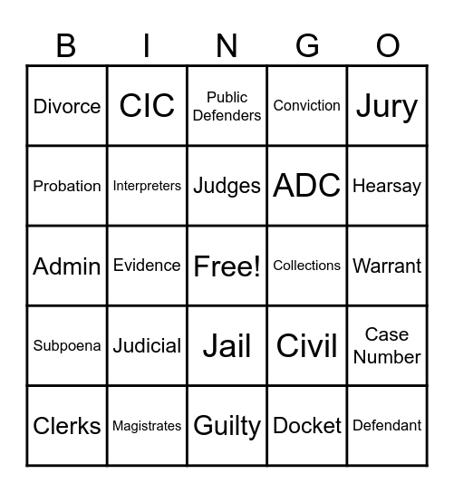 Judicial Bingo Card