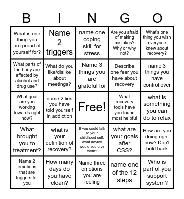 Recovery Bingo Card