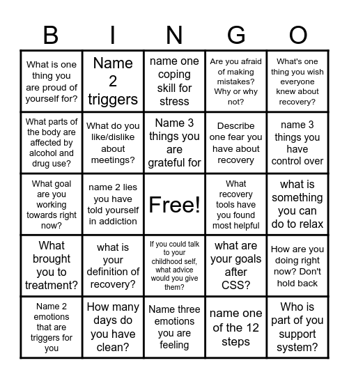 Recovery Bingo Card