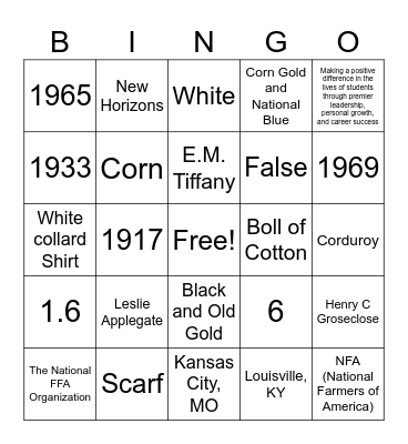 FFA & Intro to Ag Ed Review Bingo Card
