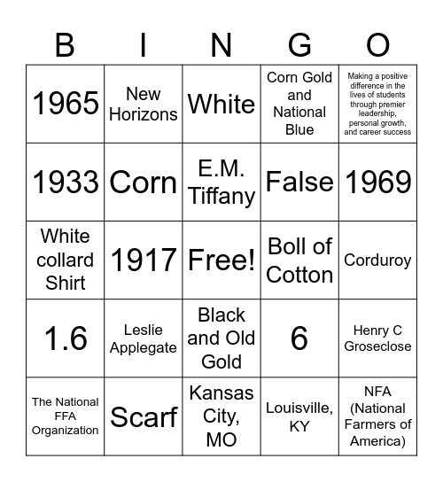FFA & Intro to Ag Ed Review Bingo Card