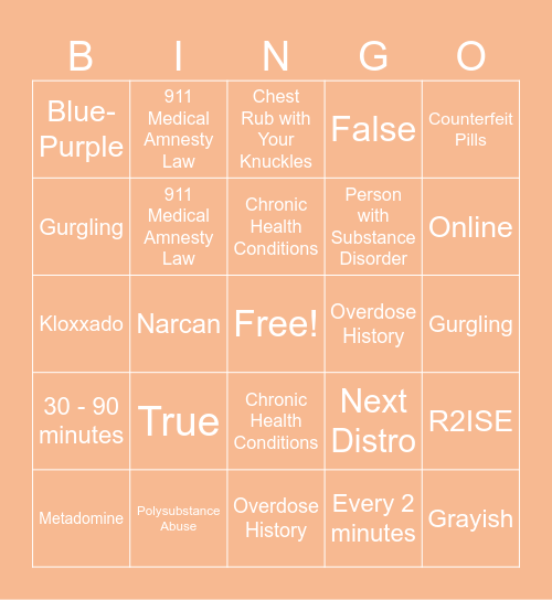 Opioid Use Awareness Bingo Card