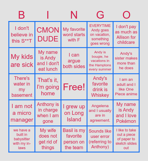 Andy's farewell Zoom Bingo Card