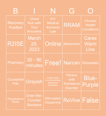 Opioid Use Awareness Bingo Card