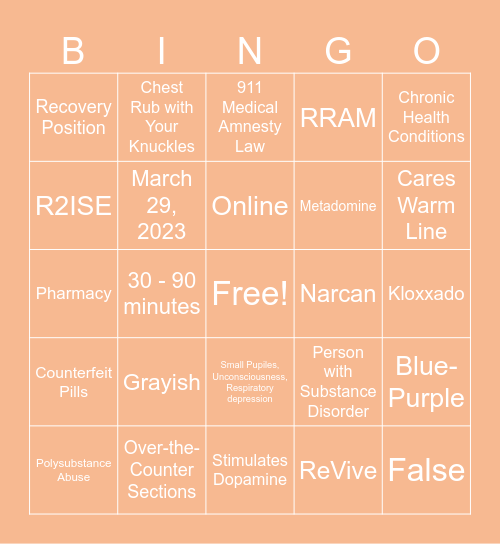 Opioid Use Awareness Bingo Card