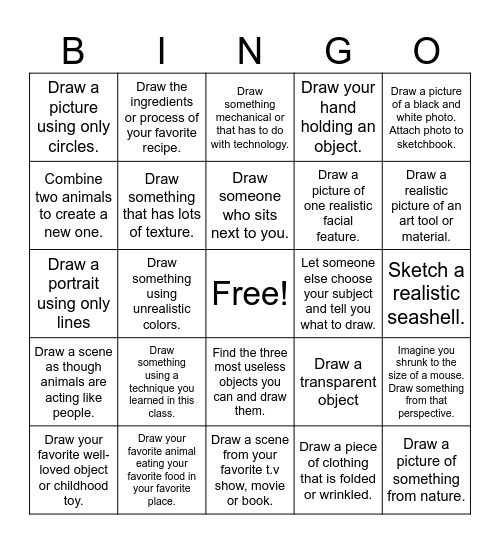 Drawing Prompt Bingo Card