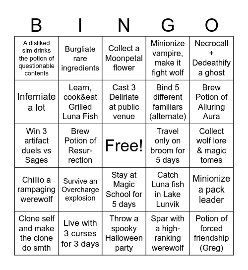 Sims 4 Spellcaster in Moonwood Mill Bingo Card