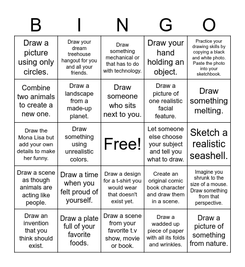 Drawing Prompt Bingo Card