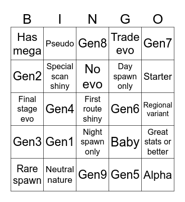 Shiny hunt ZA Bingo Card